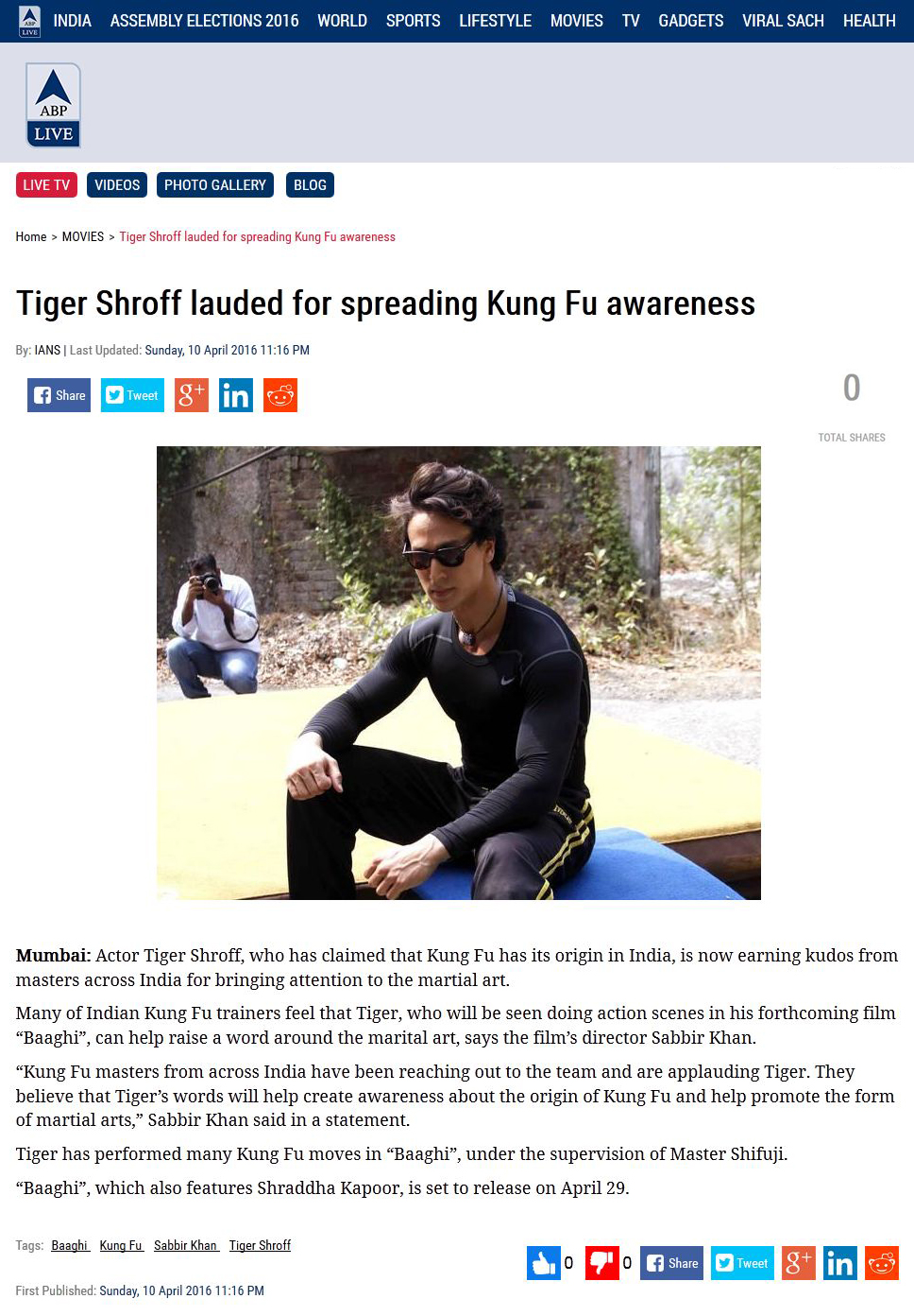 Tiger Shroff lauded for spreading Kung Fu awareness