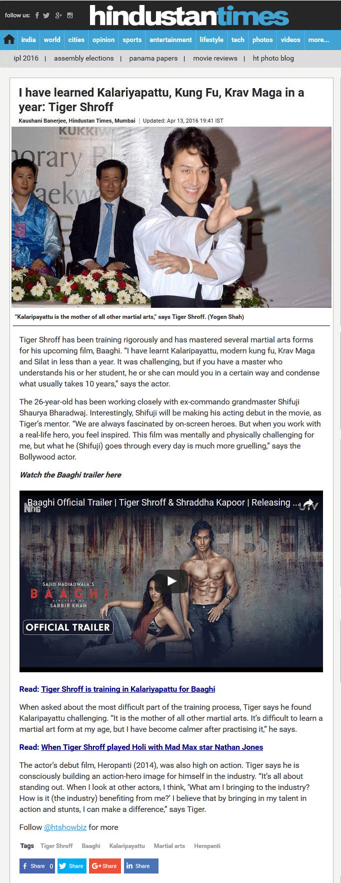 I have learned Kalariyapattu, Kung Fu, Krav Maga in a year: Tiger Shroff